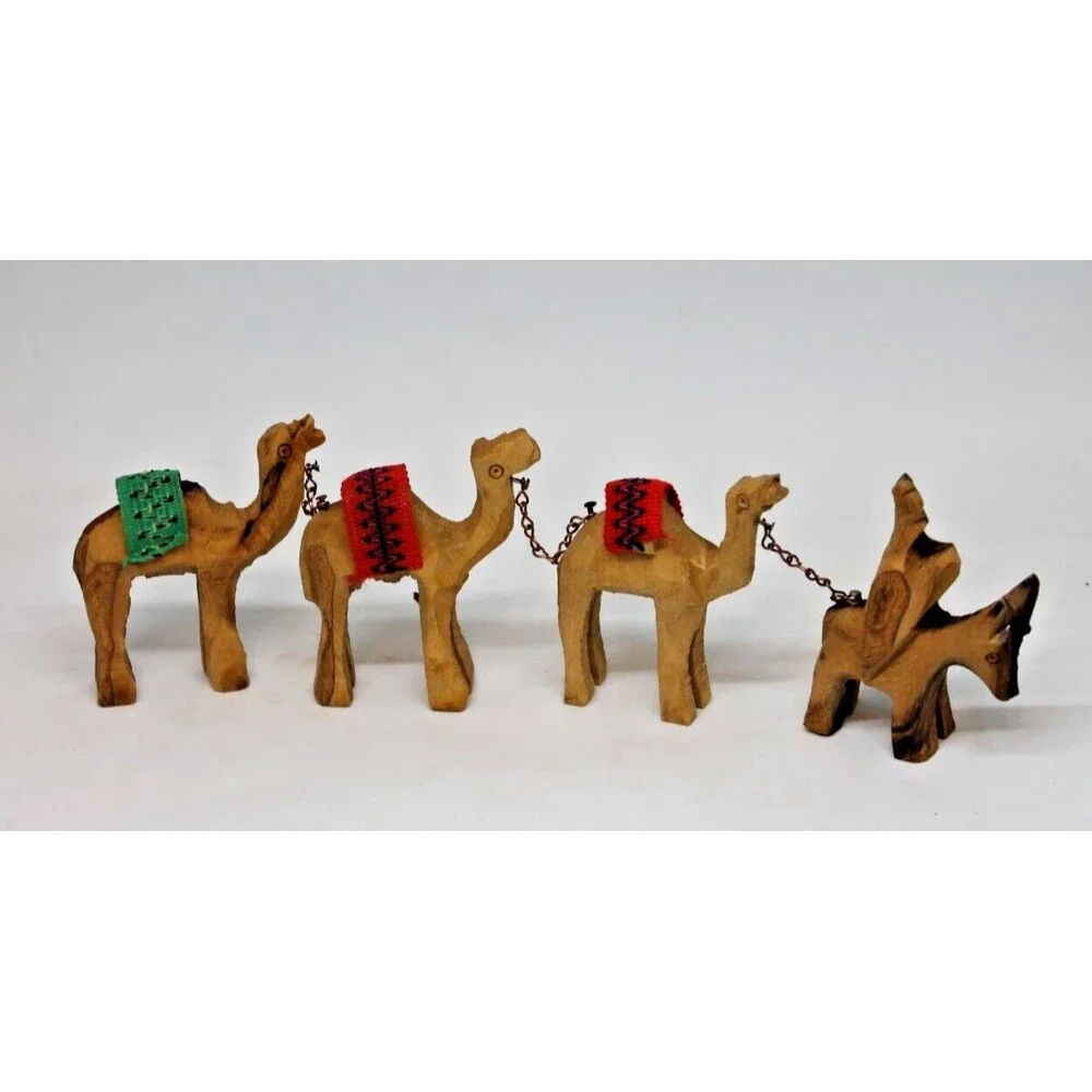 Vtg Donkey Camel Caravan Train Figurines Hand Carved Olive Wood Jerusalem 4 pc.